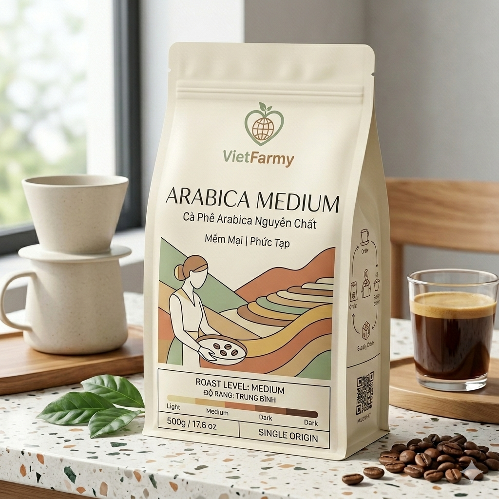 Cà Phê Arabica Nguyên Chất VietFarmy – Rang Medium (Vừa), Single Origin (500g)